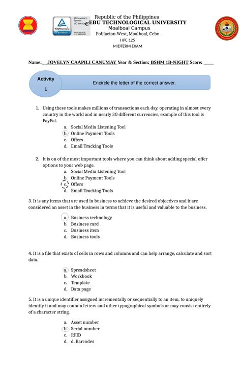 Midterm Exam Converted Activity Encircle The Letter Of The Correct