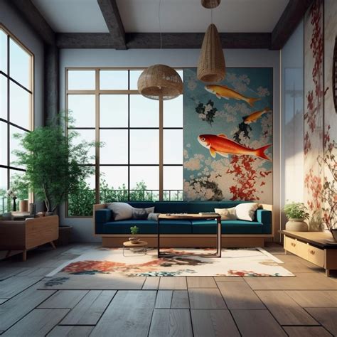 Premium AI Image A Brightly Colored Living Room With A Large Painting