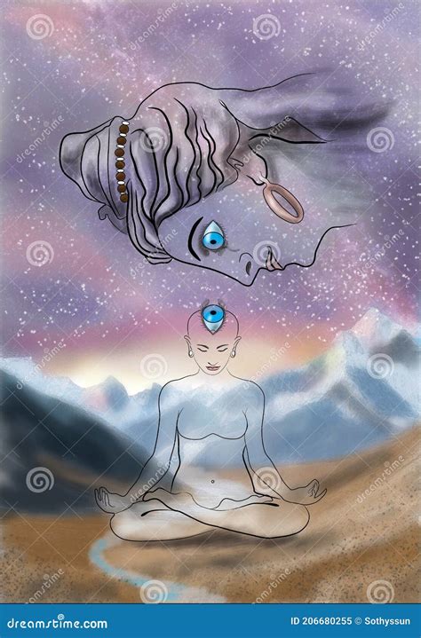Meditating Naked Girl In Padmasana Lotus Pose And Shiva S Face Above Her Stock Illustration