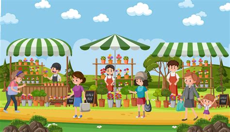 Flea market scene in cartoon style 6890843 Vector Art at Vecteezy