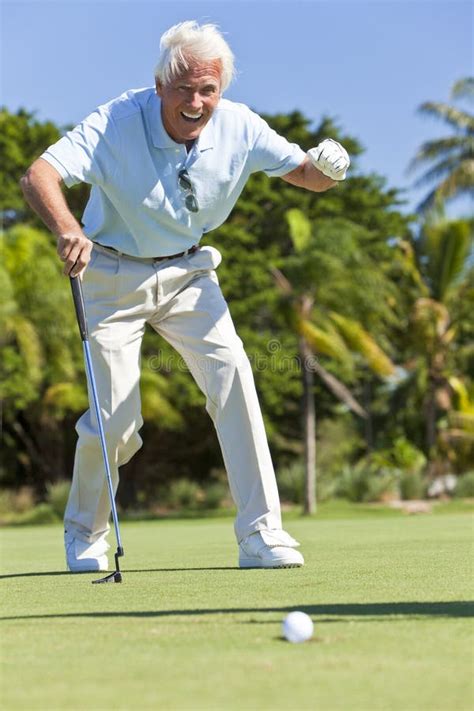 Happy Senior Man Putting Playing Golf Stock Image Image Of Golfing