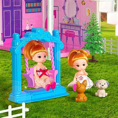 Temi Dream Doll House Pink Girl Toys 4 Stories 10 Rooms Dollhouse With 2 Princesses Dolls