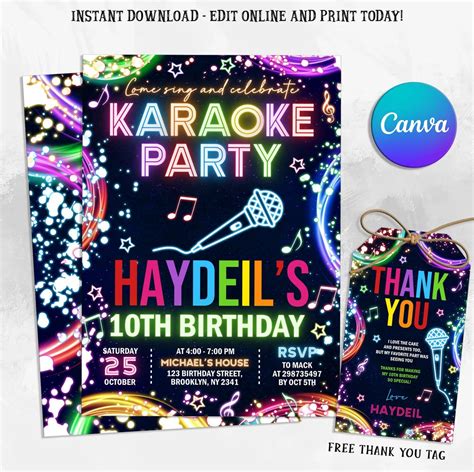 Editable Karaoke Birthday Party Invitation Neon Glow Karaoke Birthday Party Neon Singing