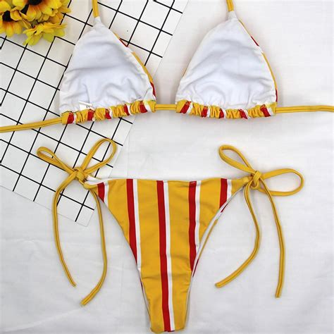 Sat N Al N Sexy Women Stripe Bandage Padded Bra Beach Halter Bikini Set