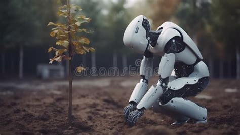 AI Robot Planting A Tree Ecology Technology Humanoid Go Green