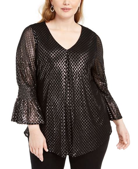 Alfani Plus Size Metallic Print Bell Sleeve Top Created For Macys