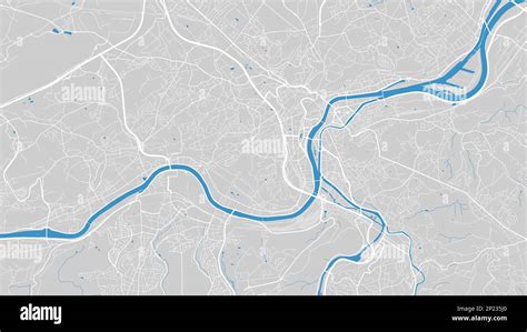 River Meuse map, Liege city, Belgium. Watercourse, water flow, blue on ...