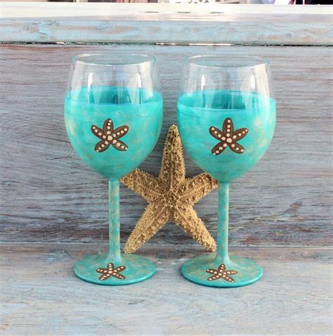 Aqua Starfish Hand Painted Wine Glasses Pair Of 2 Coastal Etsy Hand