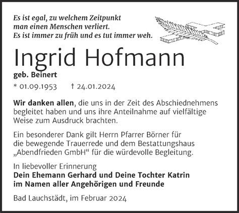 Traueranzeigen Von Ingrid Hofmann Abschied Nehmen De