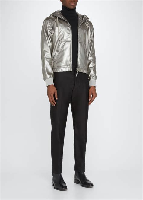 Tom Ford Mens Silver Metallic Leather Down Zip Hoodie Bergdorf Goodman