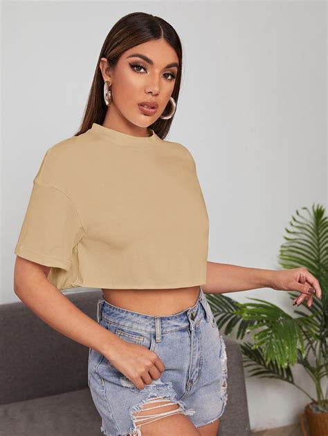 Drop Shoulder Solid Crop Top Crop Tops Crop Tops Women Womens Tops