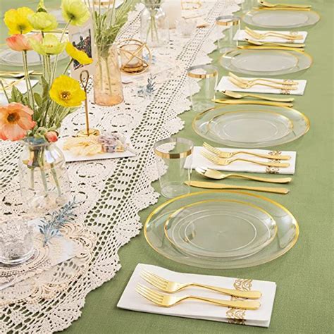 LIYH 210pcs Clear And Gold Plastic Plates Gold Plastic Dinnerware Set