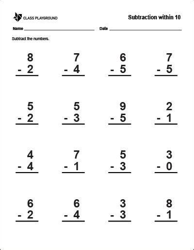 Subtraction Within Ten Worksheets