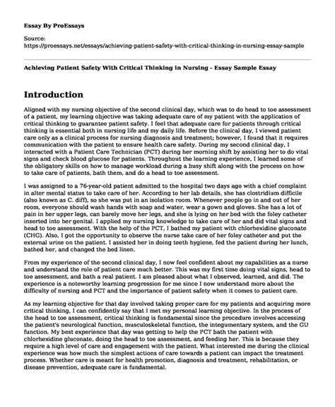 📗 Achieving Patient Safety With Critical Thinking In Nursing Essay