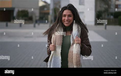 One Beautiful Happy Brunette Adult Girl Turns Head In Slow Motion While Running In Moving