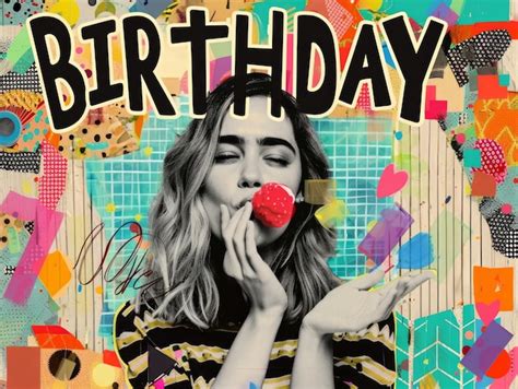 Premium Photo Brunette Woman Happily Blows A Blow In A Birthday Cards Face Modern Collage Art