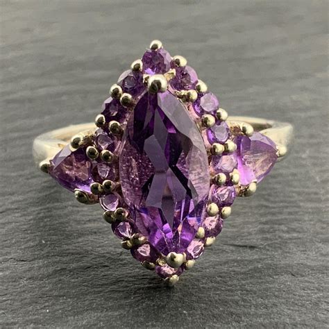 Vintage Amethyst Sterling Silver Fancy Marquise Halo Statement Ring, UK