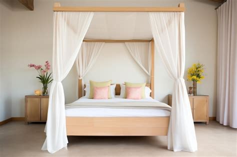 Premium Photo | Canopied wooden bed with linen drapes