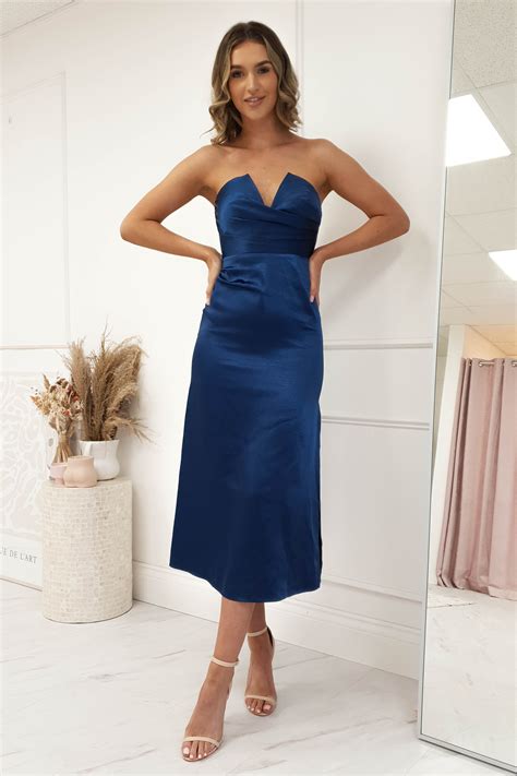 Louvre Strapless Satin Midi Dress Navy