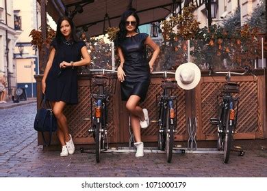 Two Sexy Brunette Wearing Stylish Black Stock Photo Shutterstock