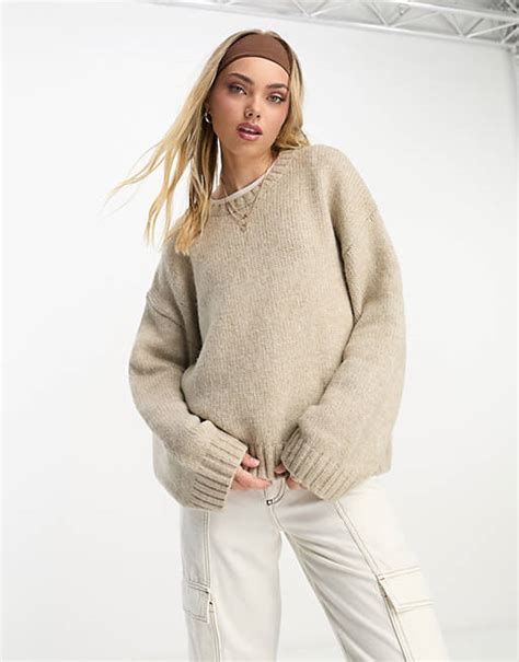 Monki Knitted Round Neck Sweater In Beige Melange Asos