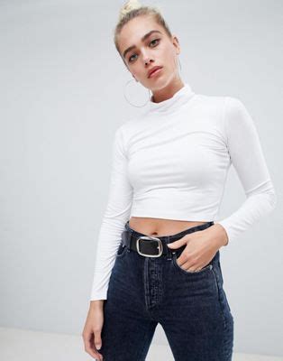 Asos Design Turtle Neck Crop Top With Long Sleeve In White Asos