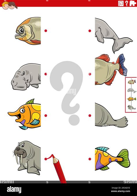 Cartoon Illustration Of Educational Game Of Matching Halves Of Pictures