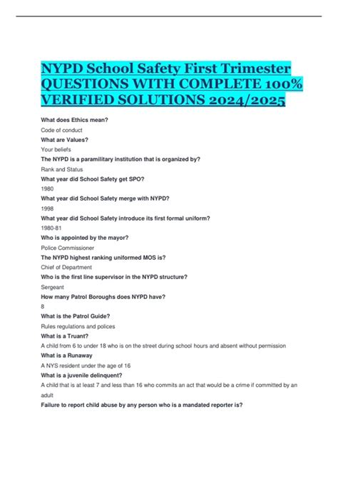 NYPD School Safety First Trimester QUESTIONS WITH COMPLETE 100%