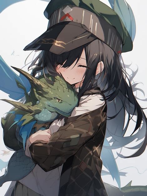 Premium Photo | Anime girl hugging a dragon with a hat on generative ai