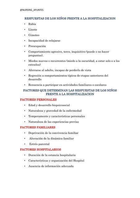 Respuestas De Los Niños Frente a La Hospitalización nursing apuntes