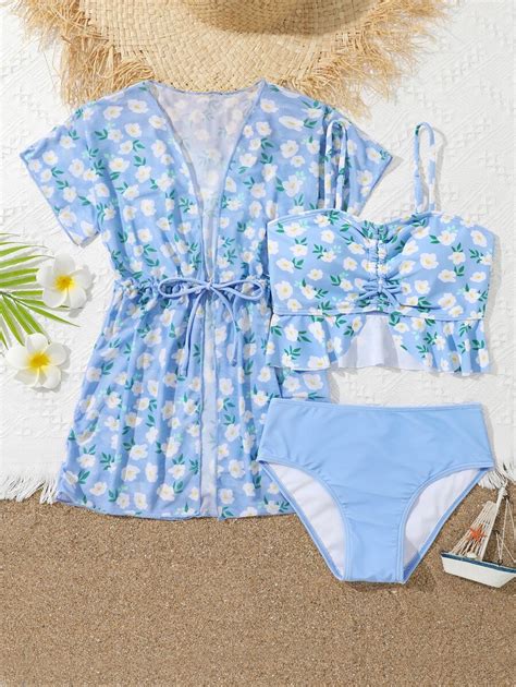 Tween Girl Floral Print Ruffle Hem Bikini Set With Kimono Summer Beach SHEIN USA