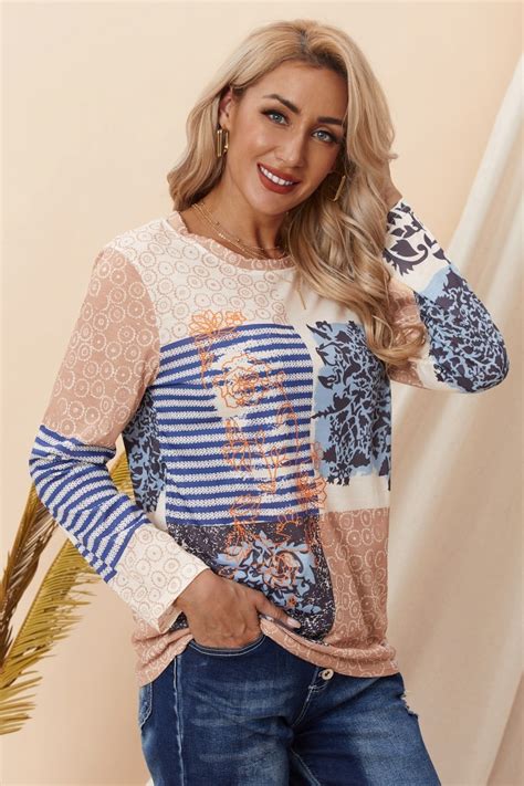 Geometric Print Round Neck Long Sleeves Tops Ivyalpha