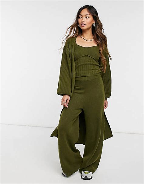 Asos Design Maxi Knitted Cardi Cami And Wide Leg Trousers Co Ord In Khaki Asos