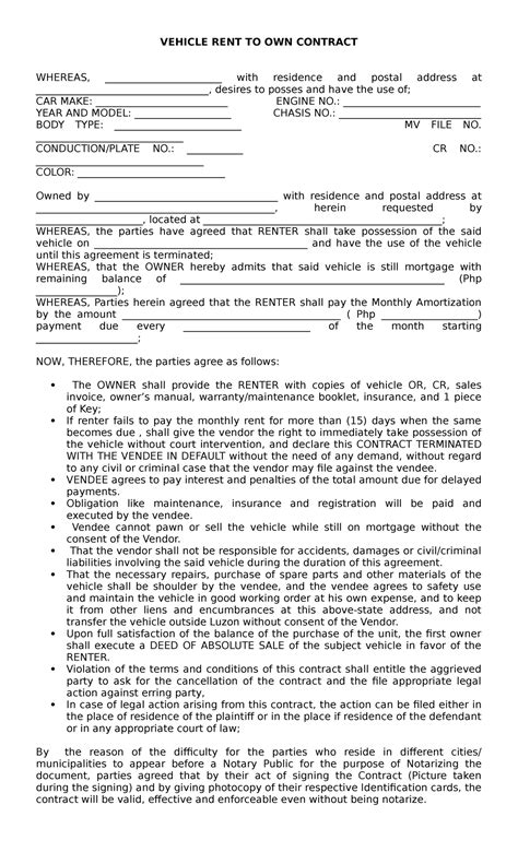 Vehicle Rent to Own Contract Template - Studocu