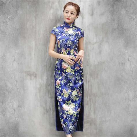 Qsyy Classic Navy Blue Chinese Dress Qipao Cheongsam With Flowers 女性