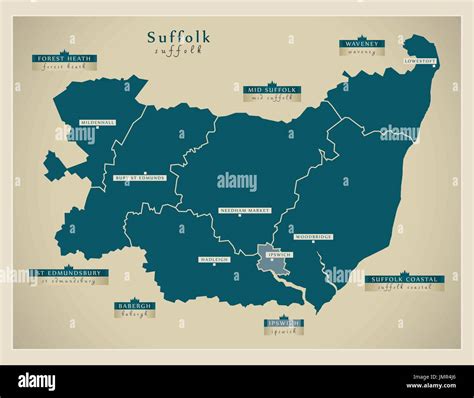 Modern Map Suffolk County With District Labels England Uk