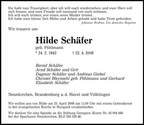 Traueranzeigen Von Hilde Sch Fer Saarbruecker Zeitung Trauer De