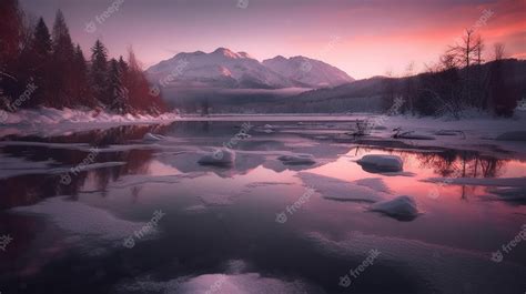 Premium AI Image | A snowy mountain landscape with a purple sky and a ...