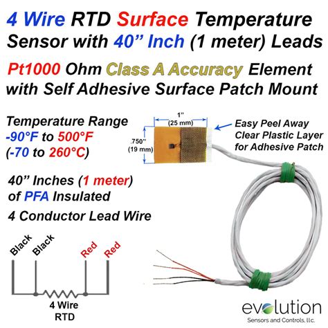 Pt1000 4 Wire Rtd Surface Temperature Sensor With 1 Meter Long Leads Evolution Sensors And