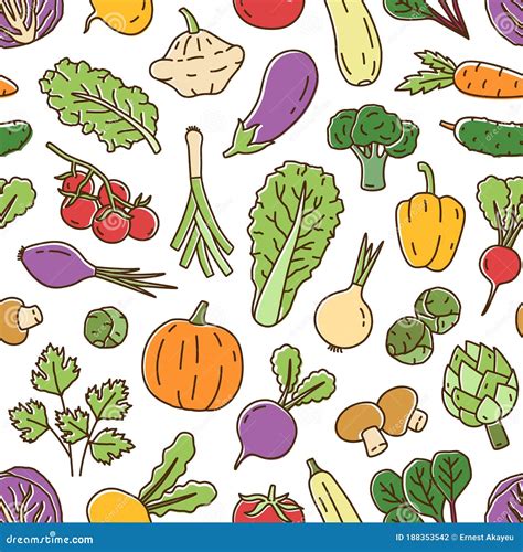 Colorful Fresh Organic Vegetables In Line Art Style Seamless Pattern Bright Natural Ripe Root