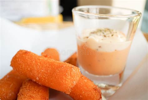 Fried Mozzarella Cheese Sticks with Dipping Sauce Stock Photo - Image ...