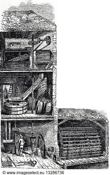 An Engraving Depicting A Cross Section Of A Flour Mill Powered By An