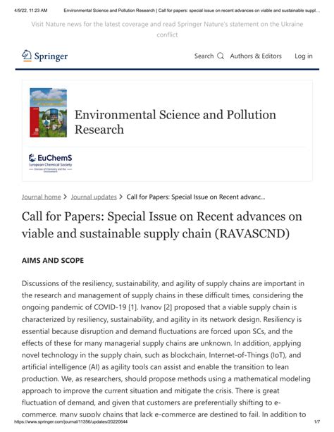 Pdf Environmental Science And Pollution Research Call For Papers