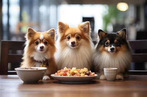 Premium AI Image | Three fluffy small dogs sit at the table in front of ...