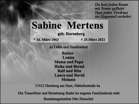 Traueranzeigen Von Sabine Mertens Harztrauer De