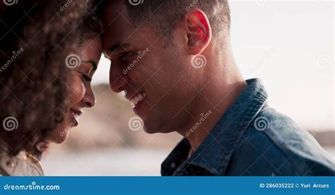 Couple Forehead Touch And Hug On Beach With Love Travel Together With