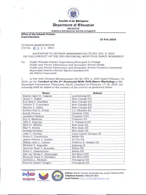 Dm Cid No 037 S 2024 Addendum To Division Memorandum Cid No 034 S