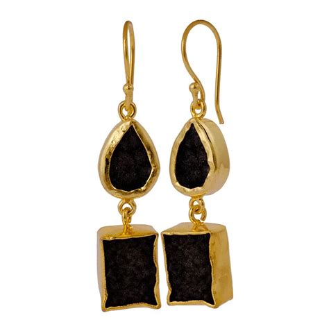 Wholesale Gold Plated Natural Black Agate Druzy Gemstone Hook Earring