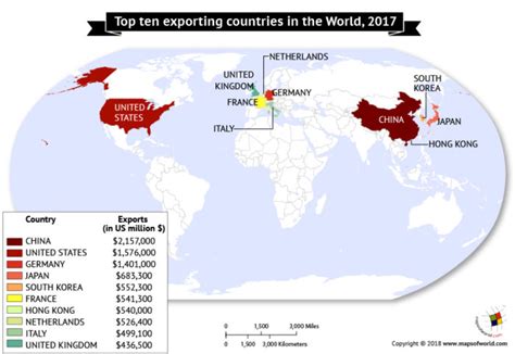 World Map highlighting Top Ten Exporting Countries - Answers