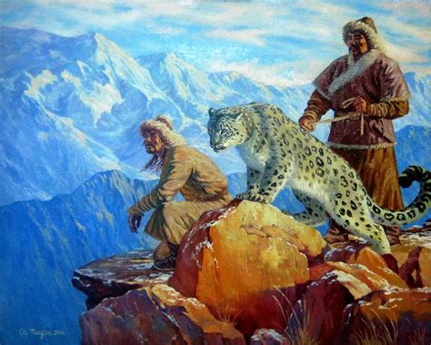 Hunting With Snow Leopard Painting by Tsogbayar Chuluunbaatar